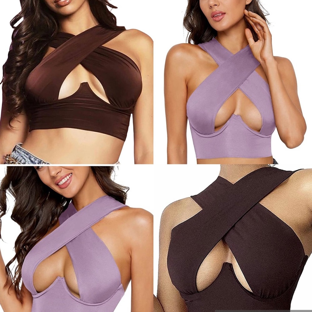 2 Cross Versatile Criss Cross Crop Tops Brown & Lavender Sz L